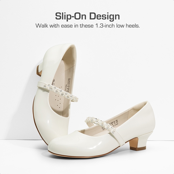 Girls' Rhinestone Mary Jane Low Heels - WHITE PAT - 2